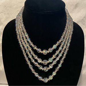 Vintage Aurora Borealis Crystal, Beaded, 4 Strand Necklace.